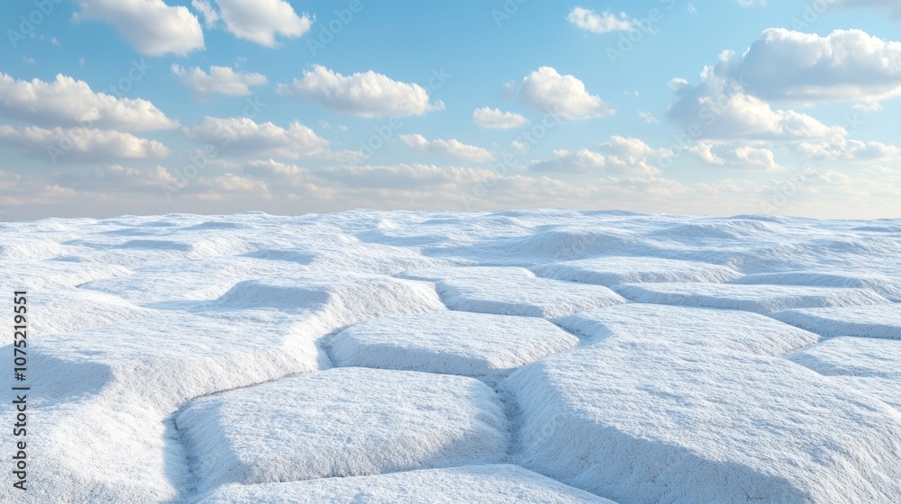 Obraz premium A vast, white landscape with a textured, cracked surface stretches out under a clear blue sky with puffy clouds.