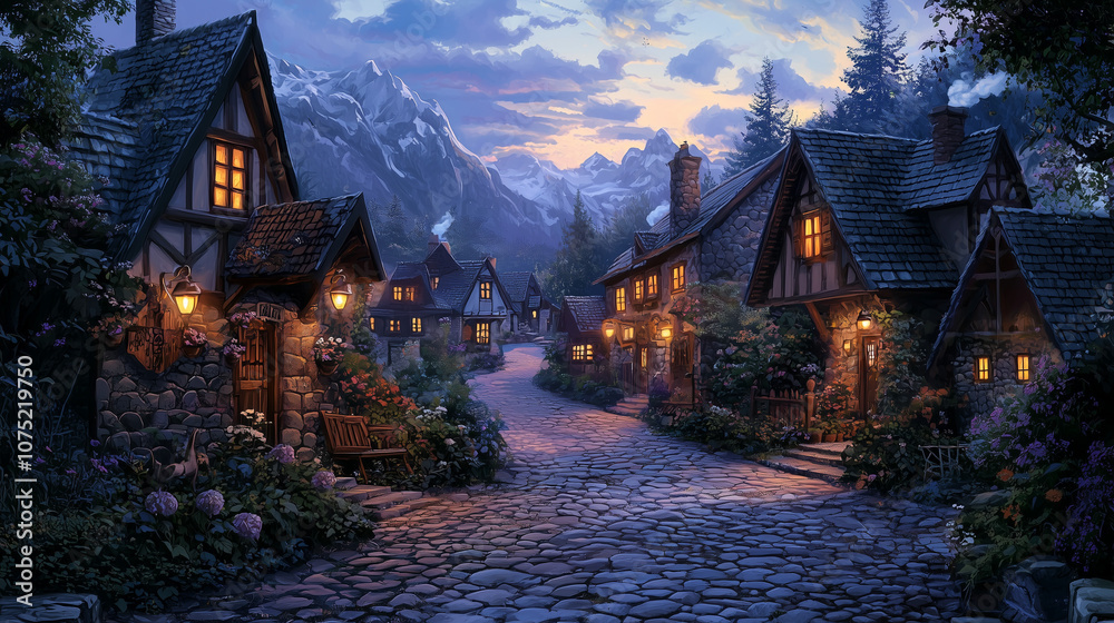 Charming fantasy village at dusk, warm lantern lights glowing in the twilight, set against a mountainous backdrop. Charming fantasy village at dusk, warm lantern lights glowing in the twilight, set against a mountainous backdrop.