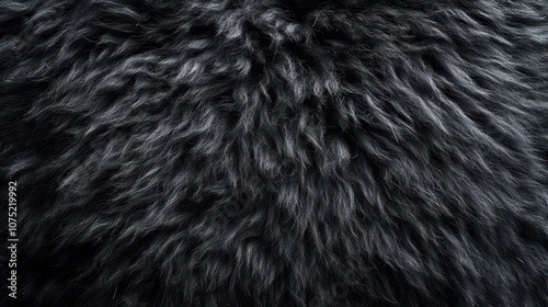 textured top view of luxurious black fur, showcasing the intricate patterns and softness of a shaggy black sheepskin, inviting touch and warmth, against a simple backdrop