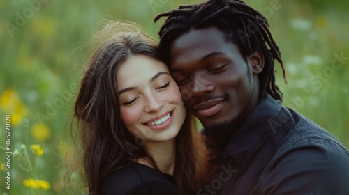 Happy young woman with long hair and dark-skinned man embracing in meadow, natural light, green background,