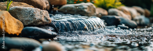 Close-up of water flowing over rocks in an outdoor garden