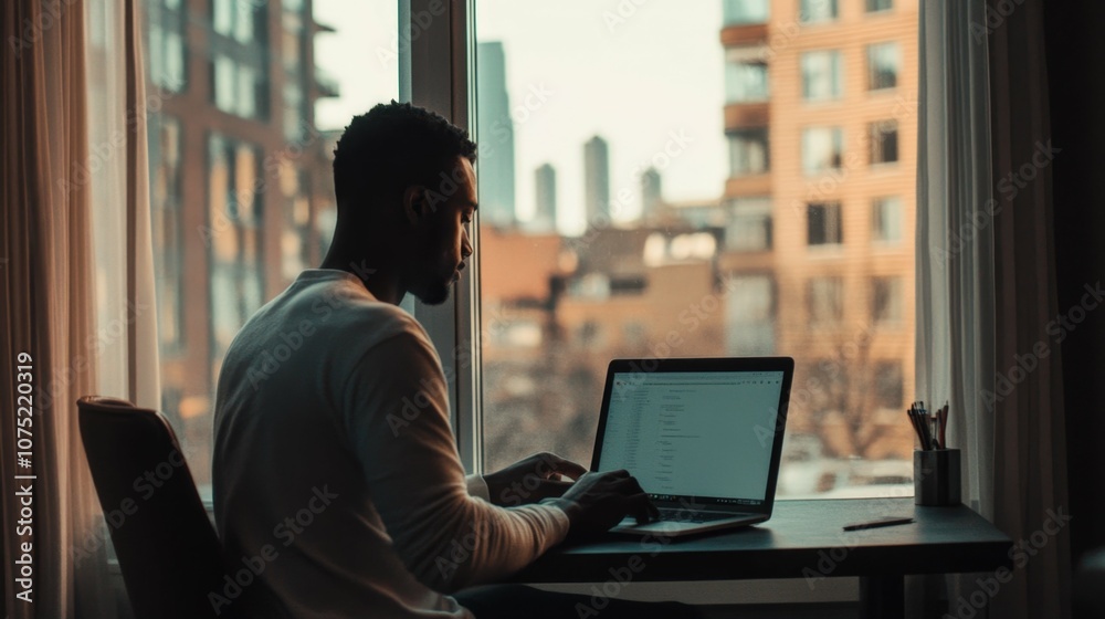 Dark-skinned man sitting at a laptop by a window with a city view, daylight natural lighting for his workspace Dark-skinned man sitting at a laptop by a window with a city view, daylight natural lighting for his workspace