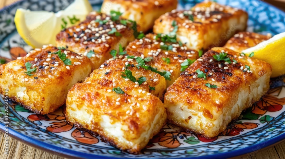 Crispy Golden Pan-Fried Tofu Cubes Garnished with Sesame Seeds and Fresh Herbs Served on a Decorative Blue Plate with Lemon Wedges Crispy Golden Pan-Fried Tofu Cubes Garnished with Sesame Seeds and Fresh Herbs Served on a Decorative Blue Plate with Lemon Wedges