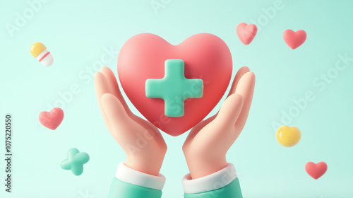 Hands holding a pink heart with a medical cross symbol, surrounded by colorful hearts and medical icons, illustrating health and care.