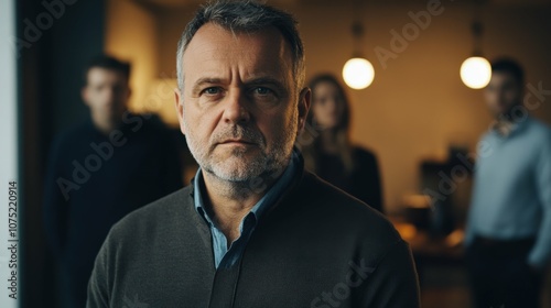 Middle-aged man with a serious expression standing in a conference room with evening lighting, with a group of people behind him