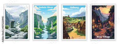 Colorful Middle Earth Landscape Poster of Aldburg, Anduin River, Bree Village, and Amon Hen1, Minimalist Art Travel Poster