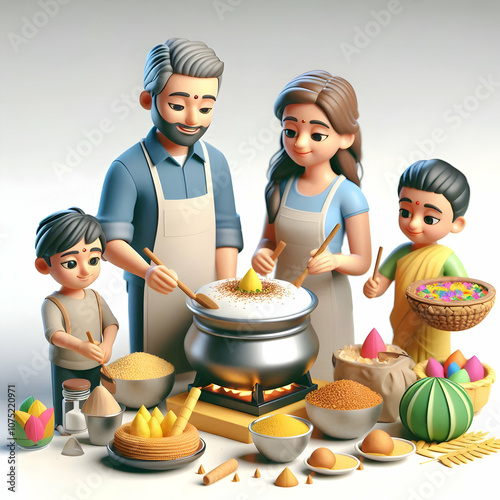 3D Icon Concept Families Preparing Traditional Pongal Sweets Sakkarai Pongal Sweet Rice Festivity Candid Kitchen Environment Isolated White Background Sweetness Celebrated photo