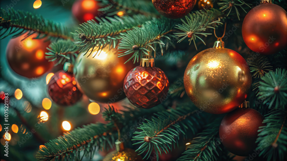 Glittering gold and red baubles on evergreen branches, traditional Christmas decor, joyful and vibrant colors, holiday celebration