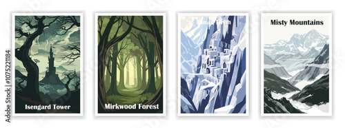 Colorful Middle Earth Poster of Isengard, Mirkwood Forest, Misty Mountains, and Minas Tirith, Minimalist Art Travel Poster