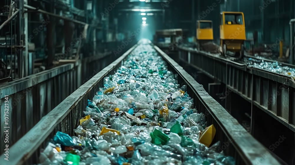 Plastic bottles and other recyclable materials are transported on a conveyor belt in a recycling plant. Plastic bottles and other recyclable materials are transported on a conveyor belt in a recycling plant.