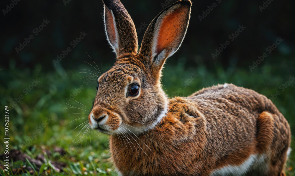 Fototapeta premium A brown rabbit with long ears sits in a field of green grass