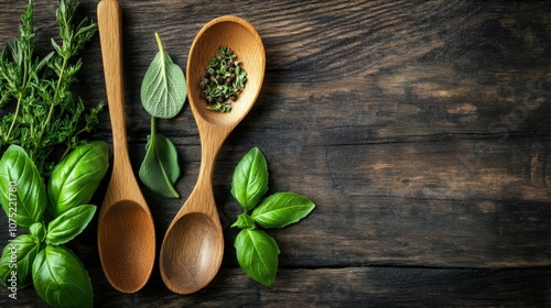 Wallpaper Mural Fresh Herbs and Wooden Spoons on Rustic Wood Background Torontodigital.ca