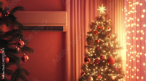 Air conditioner hanging on wall in bright Christmas room photo