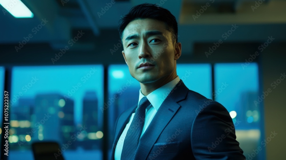 Asian man in a formal suit standing in a conference room with windows, evening lighting serious expression Asian man in a formal suit standing in a conference room with windows, evening lighting serious expression