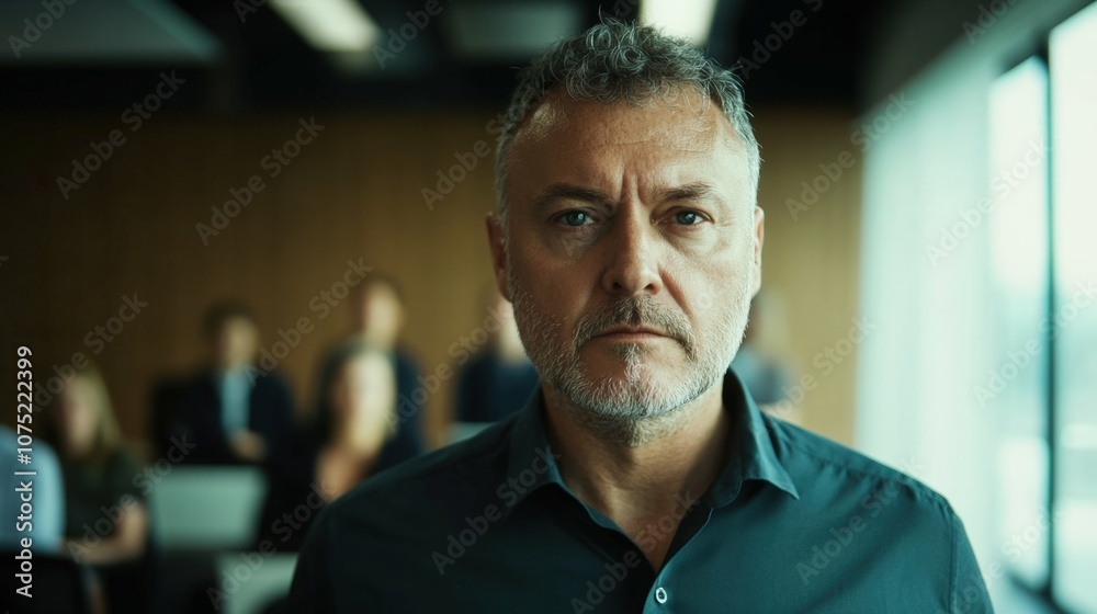 Middle-aged man with a serious expression standing in a conference room with evening lighting, with a group of people behind him Middle-aged man with a serious expression standing in a conference room with evening lighting, with a group of people behind him