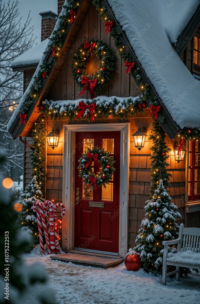 A building decorated with Christmas decor. The store is decorated with red bows, canes, Christmas tree garlands, a Christmas tree, lanterns and a Christmas wreath. Street decorated for New Year.
