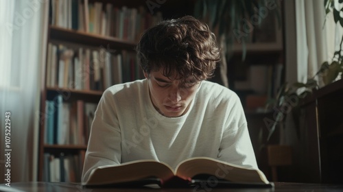 Young man in prayer at home, Bible in front of him, leaning forward with closed eyes