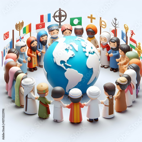 3D World Religion Day Cultural Exchange Diverse Individuals Exchanging Artifacts Icon Promoting Understanding Multiculturalism Unity Faiths Symbolism Isolated White Background photo