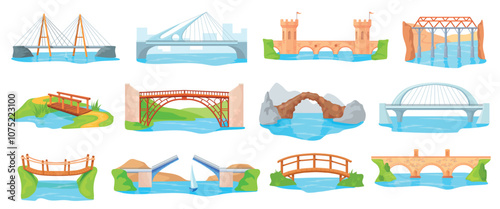 Cartoon river bridges. Concrete steel urban bridge, railway transport connection highway road with suspension construction pillars architectural tower set neat vector illustration