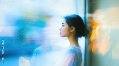 "Blurred woman by a window, light pastel tones