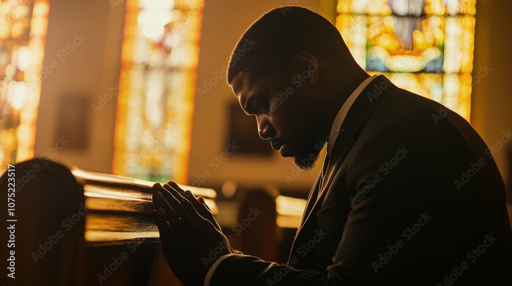 Dark-skinned man praying in a church pew, head bowed, hands clasped, soft natural light through stained glass windows Dark-skinned man praying in a church pew, head bowed, hands clasped, soft natural light through stained glass windows