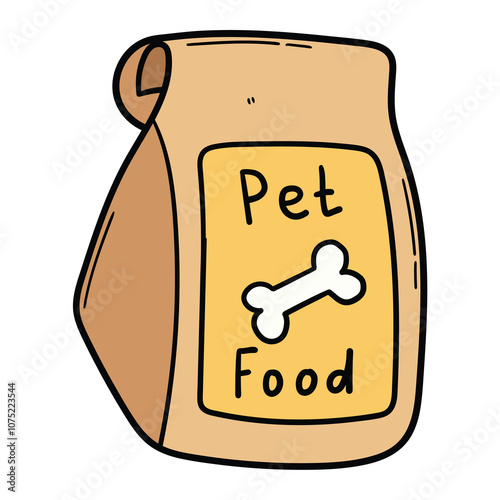 Hand drawn cartoon pet food packaging on white background.