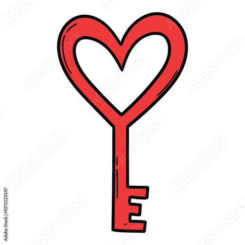 Hand drawn cartoon red heart key on white background.