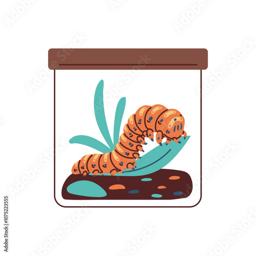 Cartoon caterpillar in glass container with lid and plant, vector cute worm insect doodle drawn exotic pet in terrarium