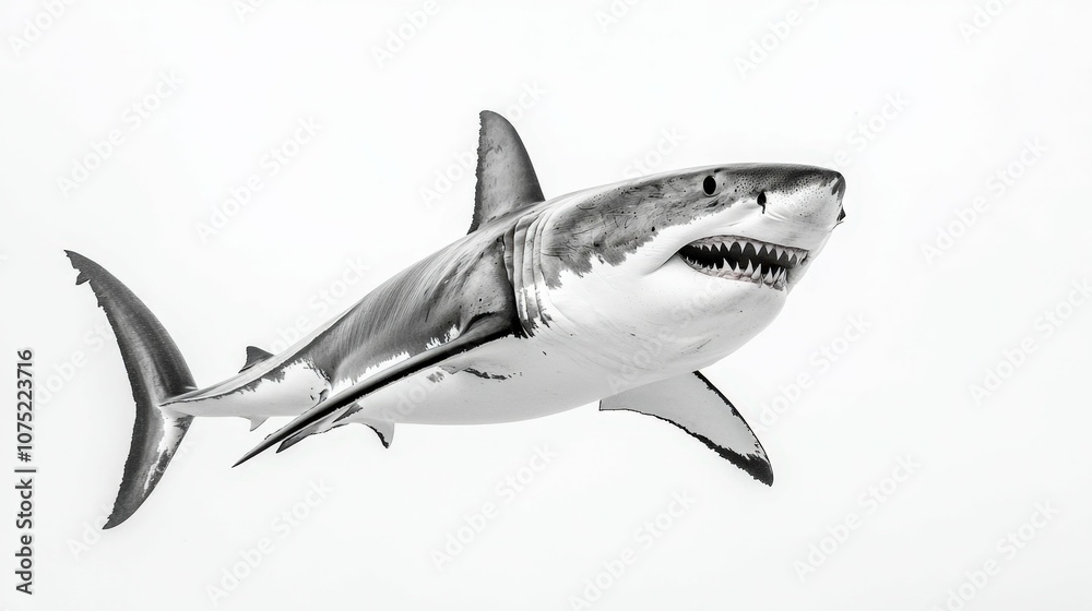 Obraz premium Great white shark with open mouth, swimming in profile, sharp teeth visible, full-length, isolated on a white background