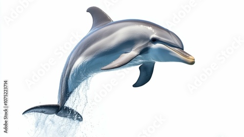 Gray and white dolphin with a smooth body, captured mid-leap, looking forward, full-length, centered, isolated on a white background