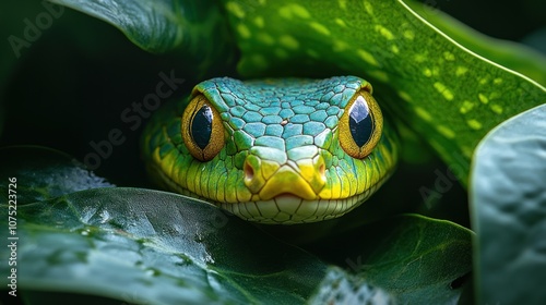 A close-up of a vibrant green snake hidden among leaves.