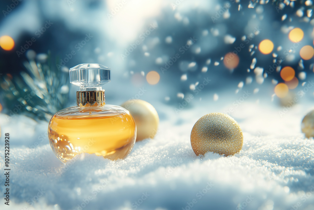 A golden perfume bottle surrounded by snow and festive ornaments on a winter day with shimmering lights. Generative AI A golden perfume bottle surrounded by snow and festive ornaments on a winter day with shimmering lights. Generative AI