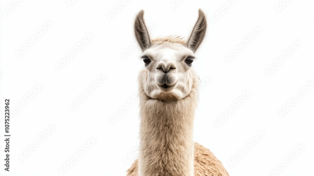 Obraz premium Llama with fluffy beige fur, standing with a calm expression, looking forward, full-length, centered, isolated on a white background