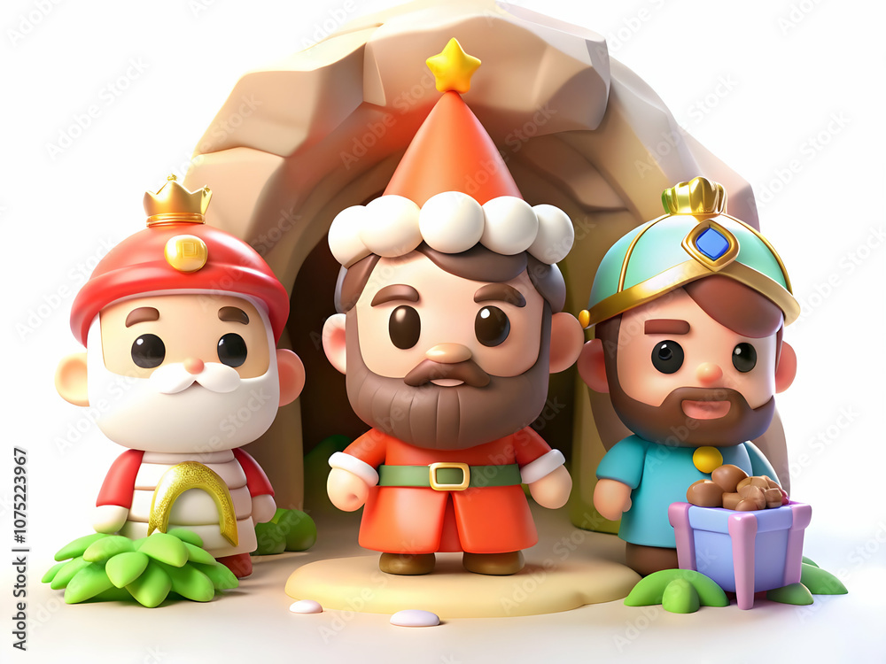 Fototapeta premium Reyes Magos Exploring Mystical Cave Enchanting Scene with Plain Background and Copy Space for Fantasy-Themed Ads or Magazine Covers, Perfect Photo Stock Concept