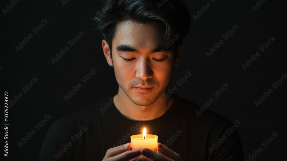 Asian man lighting a candle, peaceful expression, warm studio lighting, plain background with gentle shadows