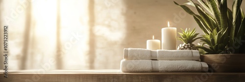 Folded white towels on a wooden table with candles and a green plant, bathed in warm sunlight, creating a serene spa like atmosphere