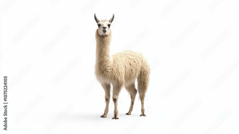 Llama with fluffy beige fur, standing with a calm expression, looking forward, full-length, centered, isolated on a white background Llama with fluffy beige fur, standing with a calm expression, looking forward, full-length, centered, isolated on a white background