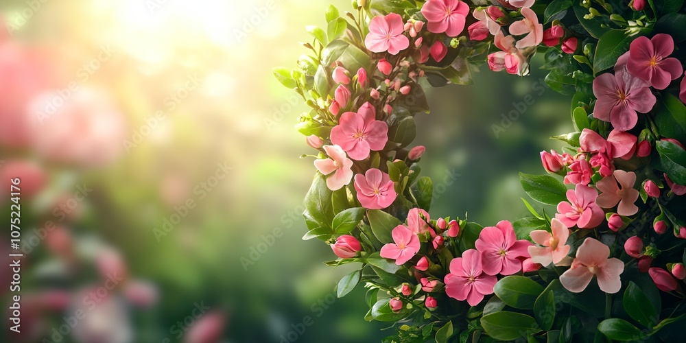 Fototapeta premium A wreath of pink flowers is surrounded by green leaves. The flowers are arranged in a circular pattern, with some of them overlapping each other. Scene is one of natural beauty and tranquility