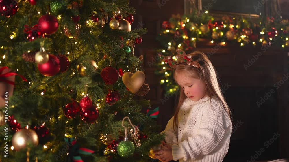 Merry Christmas Xmas holiday. Little girl decorating Christmas tree on Christmas eve at home. Young kid near classical Christmas tree with winter decorations ornaments. Time for celebration Christmas Merry Christmas Xmas holiday. Little girl decorating Christmas tree on Christmas eve at home. Young kid near classical Christmas tree with winter decorations ornaments. Time for celebration Christmas