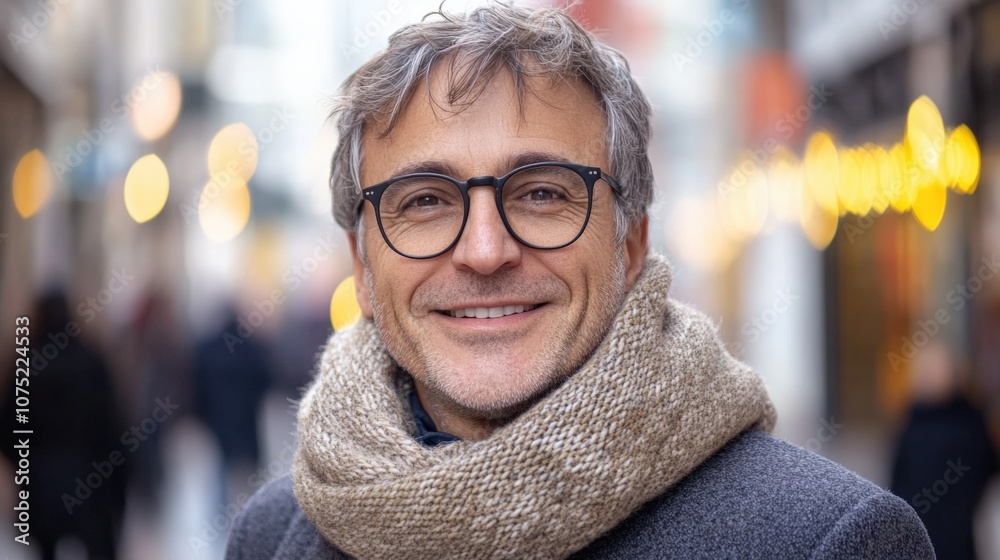 Confident Man in Winter Attire Smiling on a City Street Confident Man in Winter Attire Smiling on a City Street