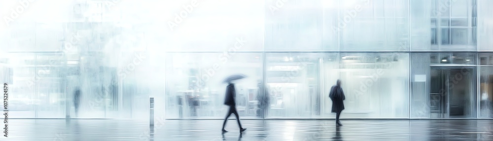 Silhouettes of people walking in a blurred urban environment, misty atmosphere Silhouettes of people walking in a blurred urban environment, misty atmosphere