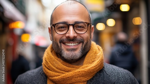 Confident Man with Glasses and Orange Scarf Smiling in a Busy Street