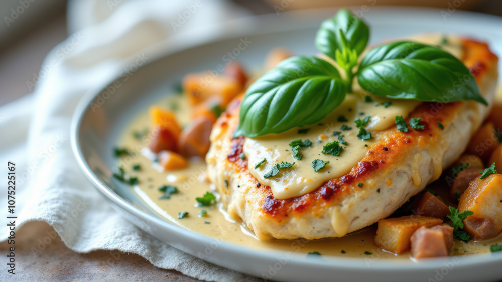 Juicy chicken breast with creamy sauce on white plate with garnishes. Juicy chicken breast with creamy sauce on white plate with garnishes.