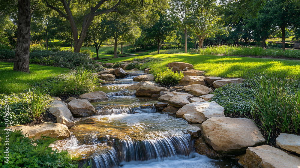 Obraz premium Spokojny widok na łagodny strumyk przepływający po gładkich kamieniach, otoczony soczyście zieloną trawą i drzewami, oddający cichą harmonię natury.
