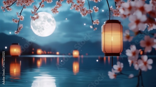 Tranquil Night Scene with Glowing Lanterns and Blossoms