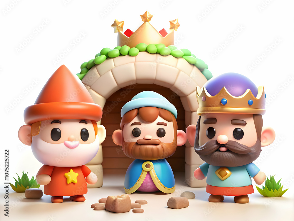Naklejka premium Reyes Magos exploring mystical cave enchanting scene with plain background and ample copy space for fantasy themed advertisements or magazine covers emphasizing magical atmosphere in Photo Stock Conce