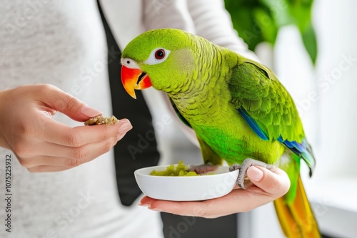 Smiling woman feeding her green parrot in a bright kitchen, highlighting a caring bond. photo