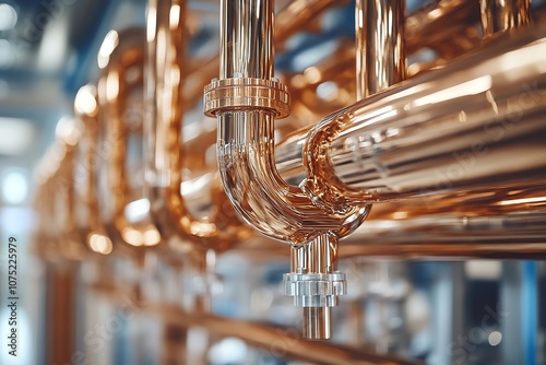 Shiny copper pipes and fittings in a brewery. photo