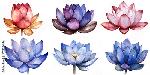 A set of six watercolor flowers, each with a different color. The flowers are arranged in a row, with the first one on the left and the last one on the right. The colors of the flowers are blue