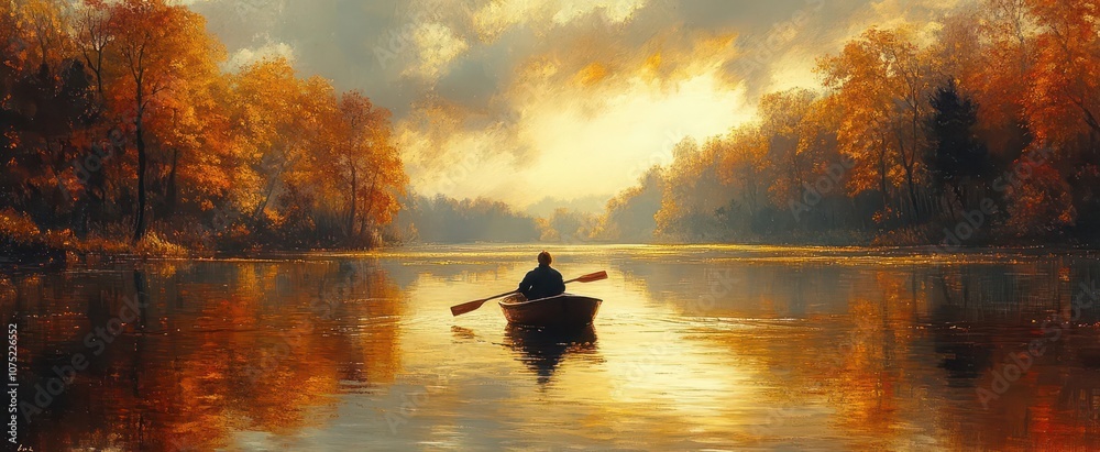rowing quietly on a tranquil lake surrounded by autumn foliage a lone figure in a small boat capturing the essence of solitude and peace with expansive reflections in the serene water rowing quietly on a tranquil lake surrounded by autumn foliage a lone figure in a small boat capturing the essence of solitude and peace with expansive reflections in the serene water